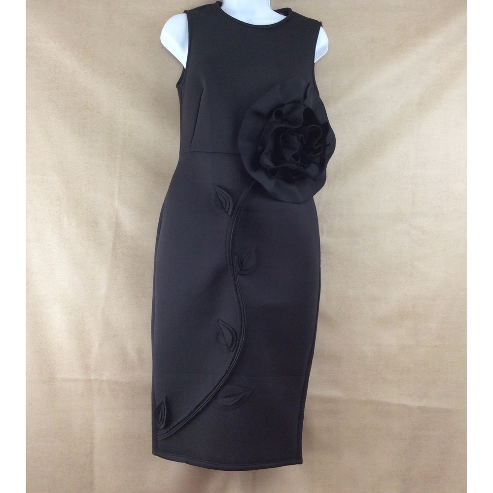 CQ by CQ Black Sleeveless Sheath Dress Rose Detail Midi Cocktail Career Sz S
